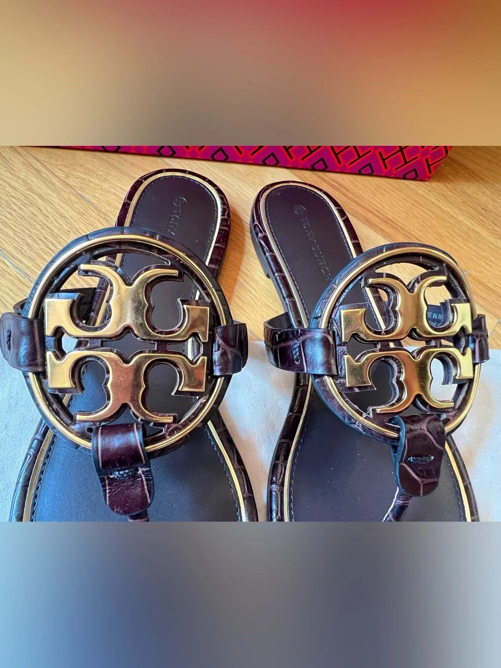 Tory Burch Coco Bark Dark Brown Croco Embossed Leather Metal Miller Sandals